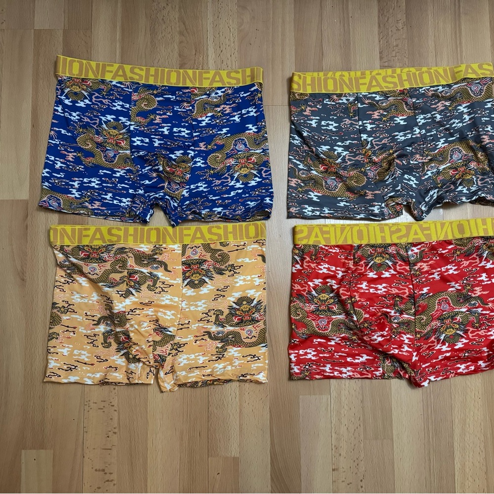 Bundle of 4 Dragon Print Men's Fashion Breathable Boxer Briefs, Size Medium